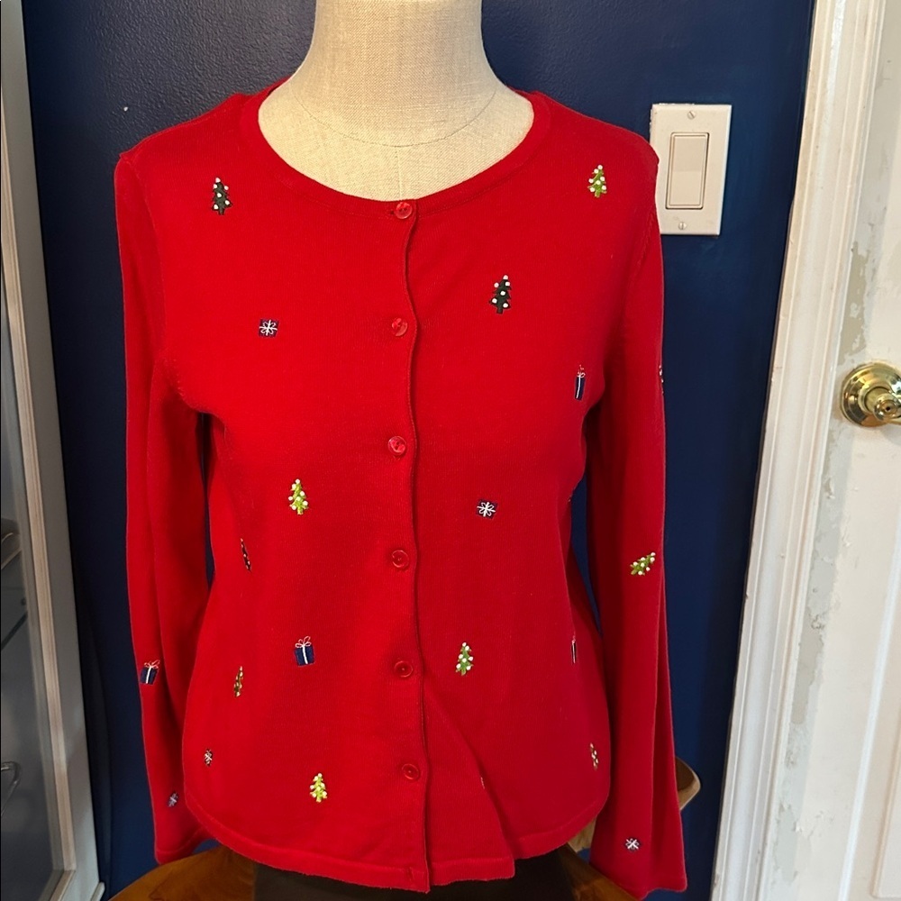 Vintage Christopher Banks Red Christmas Present Cardigan Cotton Sweater Size M